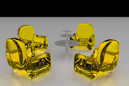 3D rendering of transparent seating and a table standing on a white surfaceの写真素材