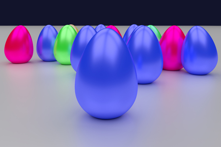 3D rendering of easter eggs standing on a white surfaceの写真素材