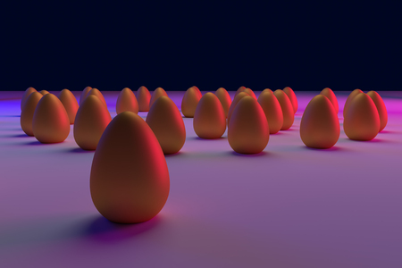 3D rendering of golden easter eggs in blue and pink light: spiralの写真素材