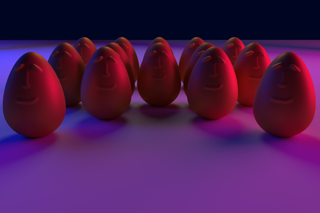 3d rendering of smiling golden eggs in blue and pink lightの写真素材
