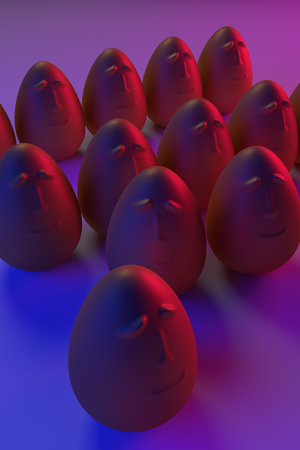 3D rendering of golden eggs in blue and pink lightの写真素材