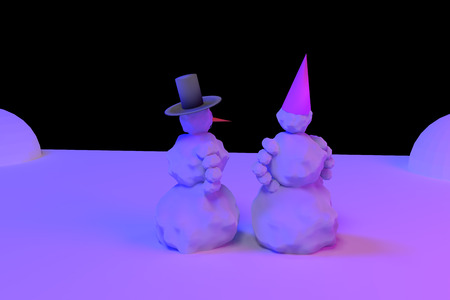 3D rendering of a snowman and a snow woman in pink and light blue lightの写真素材