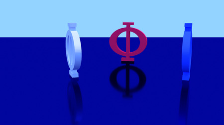 3D rendering of three greek upper-case character PHI standing on a blue shining surfaceの写真素材