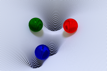 3d illustration of glass spheres and a funnel-shaped landscape