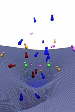 3d illustration of free falling, glossy figures over a funnel-shaped landscapeの写真素材