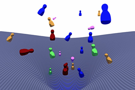 3d illustration of free falling, glossy figures over a funnel-shaped landscapeの写真素材