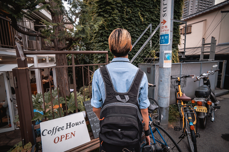 Backpacker in Tokyo city, japanのeditorial素材