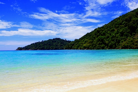 Clear sea and mountain with blue sky clouds on the summer day at Koh Lipe island, Satun, Thailand. Nature and Beautiful Landscapeの写真素材