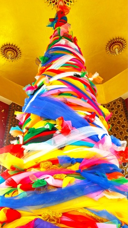Close up colorful fabrics decorate at the post. Rainbow color and colorful concept.の写真素材