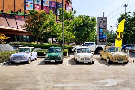 Bangkok, Thailand - May 21, 2018: Four mini Austin car parking on the street - Vintage and Classic...