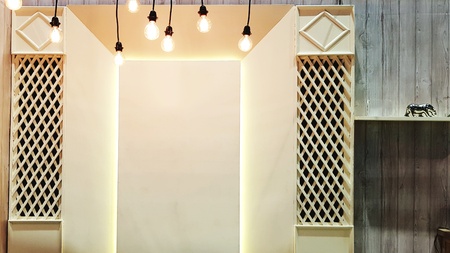 Beautiful Interior design with many light hanging and cabinet in wooden style with copy space in...