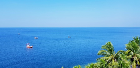Fishing boat floating on the sea with clear blue sky and coconut or palm tree foreground with copy space - Beauty of Landscape, Green plant, Ocean, Fisherman and Fishery conceptの写真素材