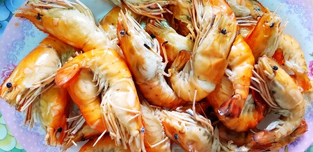 Many Grilled giant river shrimp or prawn in white plate for serving customer or sale at seafood restaurant - Group of animal, Food, Barbeque party and Lunch timeの写真素材