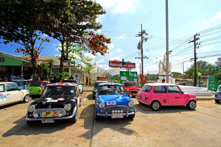 Nakhonratchasima, Thailand - December 16, 2017: Many beautiful Austin Mini cooper car parking on...