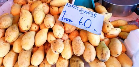Bangkok, Thailand - April 25, 2018: Fresh yellow organic mango with price sixty Baht per kilogram for sale at street food market - Local and Asian Fruit conceptのeditorial素材