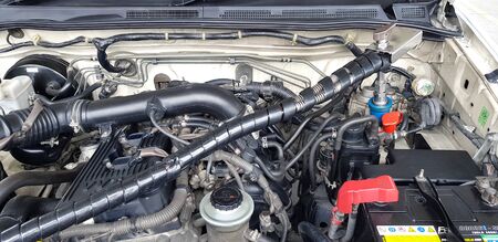 Bangkok, Thailand- July 21, 2019: Open front hood to fill NGV (Natural Gas Vehicle ) or LPG (Liquefied Petroleum Gas) in gas pump inside engine at gas station - Energy, Transportationのeditorial素材