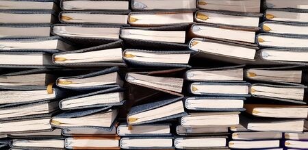 Flat lay or Top view group of sort many book at stationery store for sale. Art pattern for...