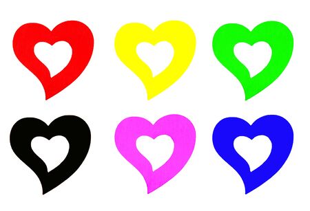 Valentine concept. Many colorful hearts isolated on white background. Red, Yellow, Green, Black, Pink and Blue.の写真素材