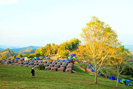Many tent are at Sri Nan national park, Thailand. Travel and Camping with blue sky and clouds on the mountainのeditorial素材