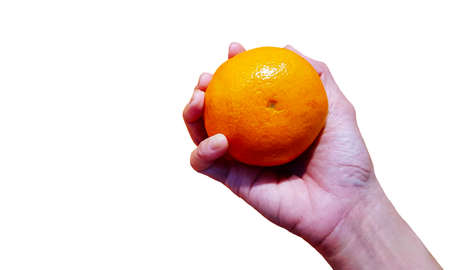 Hand holding fresh orange isolated on white background   to make selection. Select and Choice for...