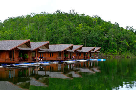 Wooden houses floating on river for tourist take rest and chill out among beauty of nature with...