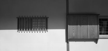 Wooden window with sunlight and shadow on wall in black and white tone or monochrome.の写真素材