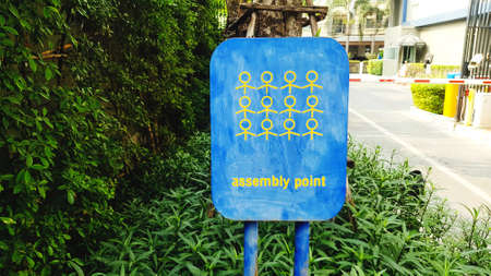 Blue assembly point sign for emergency case such as fire, earthquake, disaster with green tree and access, entrance or automatic door entry and exit background. Incident and Information for people.の写真素材