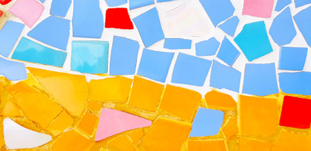 Colorful of mosaic tile floor for background. Art design wallpaper, Cracked, Shape and Abstract. Blue, red , pink, orange, white tile fragments on wall.の写真素材
