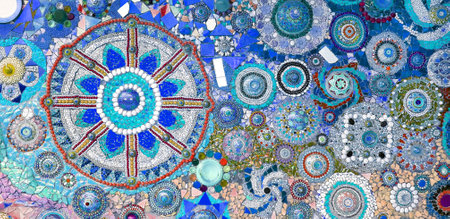 Colorful of blue wall decorated with multicolor stone, gravel and gem for background at Wat Phra That Pha Son Kaew. Abstract of art design with broken tile for wallpaper.の写真素材