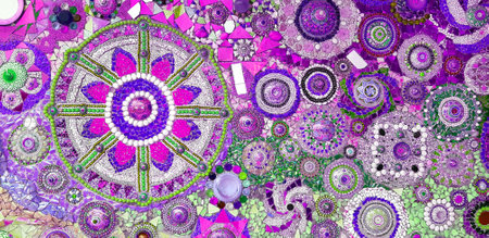 Colorful of purple or violet wall decorated with multicolor stone, gravel and gem for background at Wat Phra That Pha Son Kaew. Abstract of art design with broken tile for wallpapeの写真素材