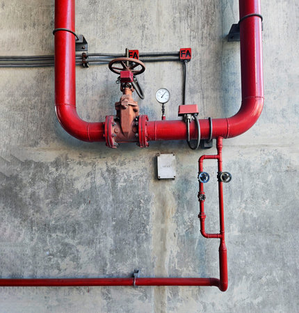 Red water or gas pipeline with gate pressure valve and stainless steel test box installed on...