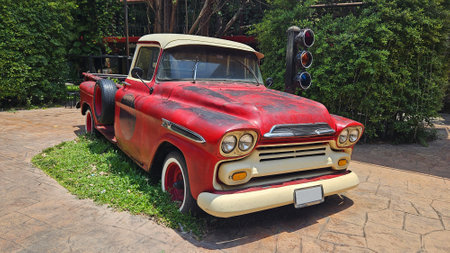 Red vintage truck parked beside traffic light with tree and house background. Retro or classic...