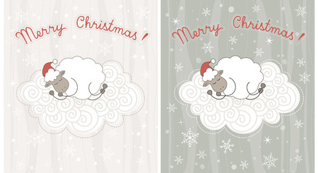 Christmas greeting card with sheep sleeping on a cloudのイラスト素材