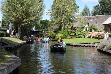 Old town and canal in Giethoorn, Netherlandsの写真素材