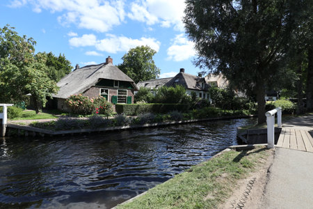 Old town and canal in Giethoorn, Netherlandsの写真素材