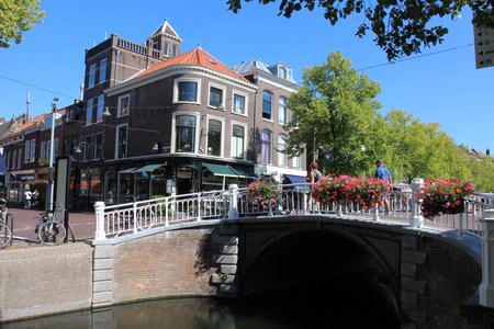Old town and canal in Delft, Netherlandsの写真素材