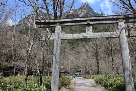 Torii by Myojin-ike Pond in Kamikochi, Japanの写真素材