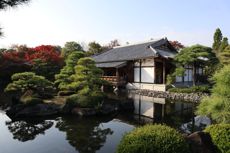 Autumn leaves and pond in the Garden of the Lord's Residence in Koko-en Garden, Himeji, Japanの写真素材