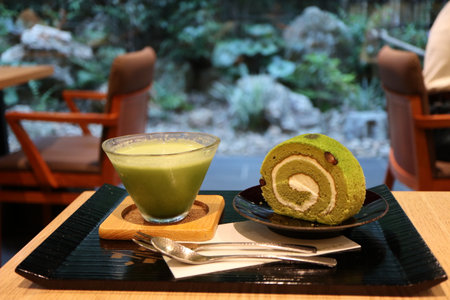 Matcha cappuccino and Matcha roll cake in Kyoto, Japanの写真素材