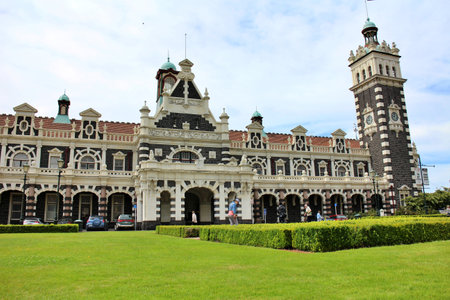 Dunedin railway station and Anzac Square in Dunedin, New Zealandの写真素材