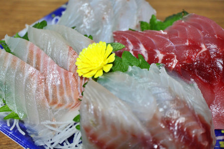 Assorted Nagasaki sashimi platter purchased at a supermarket in Tokyo, Japanの写真素材