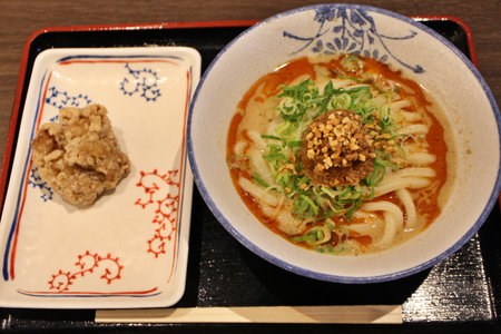 Dandan udon noodles and chicken karaage (deep fried chicken) in Tokyo, Japanの写真素材