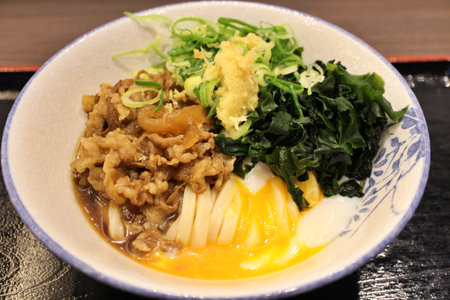Beef and onsen tamago udon noodles in Tokyo, Japanの写真素材