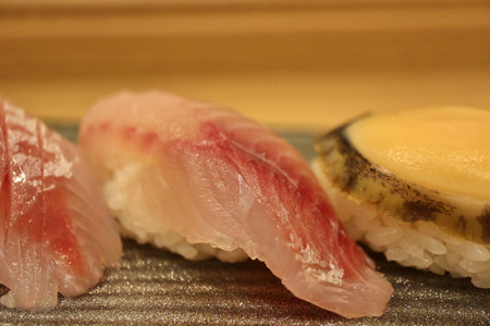 Japanese cuisine: kamasu (Japanese barracuda) nigiri-zushi in Mishima, Shizuoka, Japanの写真素材
