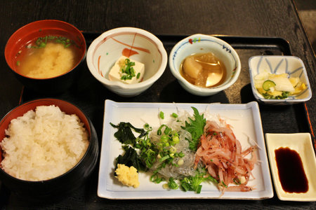 Japanese cuisine: raw whitebait and raw sakura shrimp set meal in Mishima, Shizuoka, Japanの写真素材