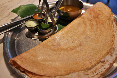 Indian cuisine: dosa with sambar and chutneyの写真素材
