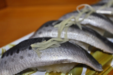 Vinegared sardine nigirizushi purchased at a supermarket in Tokyo, Japanの写真素材