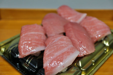Toro nigirizushi purchased at a supermarket in Tokyo, Japanの写真素材