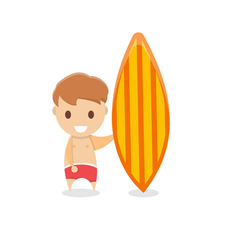 cool smiling man standing with surfboard in swimming shorts . Male surfer character. Flat vector illustration with white background. Summer beach passion.stylized hand drawn  cartoon personのイラスト素材