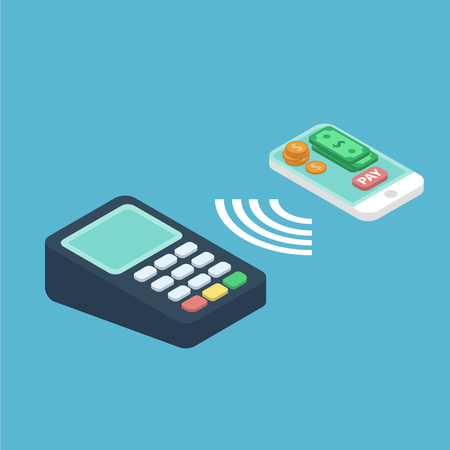 Wireless payment illustration. Isometric concept of contactless payment with terminal and smartphone with payment button dollar bills and coins on it . NFC payment 3d vector illustrationのイラスト素材